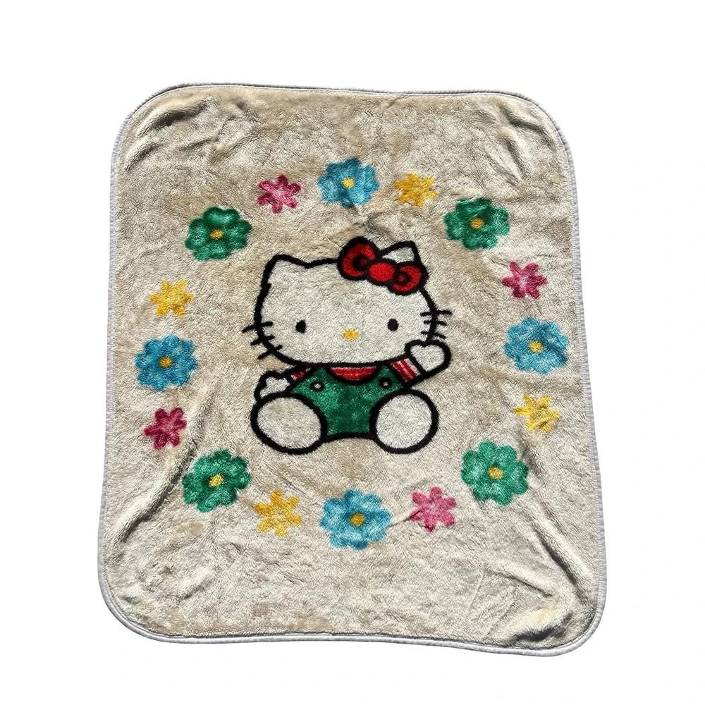 VTG 90s Sanrio Hello Kitty Thermal Plush Throw Blanket Cream Floral 43x49 Kawaii